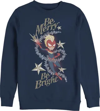 Men's Marvel Christmas Captain Marvel Merry & Bright Sweatshirt - Navy Blue - Medium
