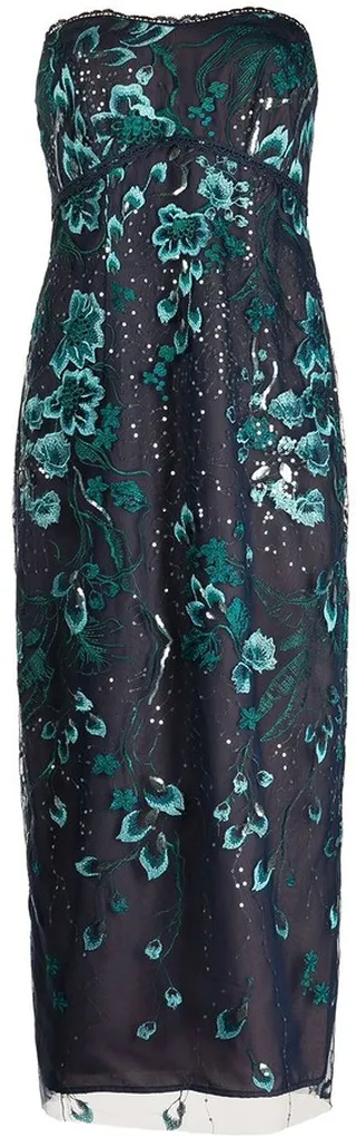 Embroidered Floral Strapless Midi Dress