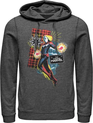 Men's Marvel Captain Marvel Flannel Patch Print Pull Over Hoodie - Charcoal Heather - 2X Large