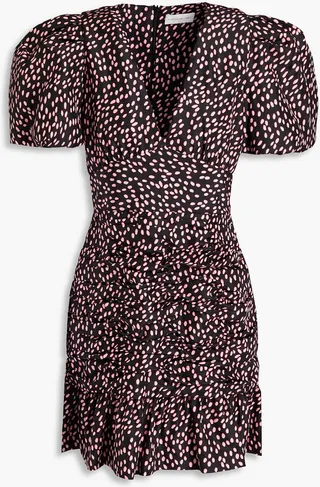Gathered printed satin mini dress