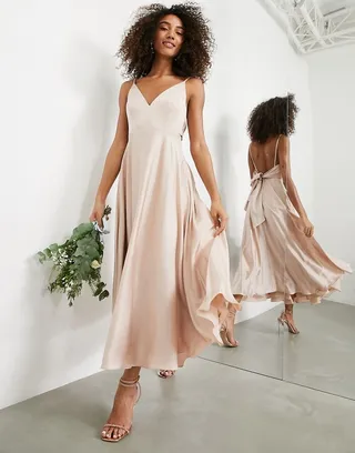 ASOS EDITION satin midi dress with tie back in blush