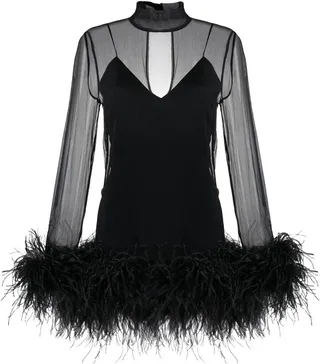 Feather-Trim Long-Sleeve Mini Dress