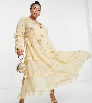 ASOS DESIGN Curve a-line midi dress with cluster embellishment in gold