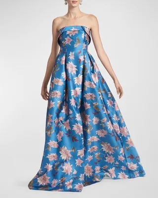 Brielle Pleated Strapless Floral-Print Gown