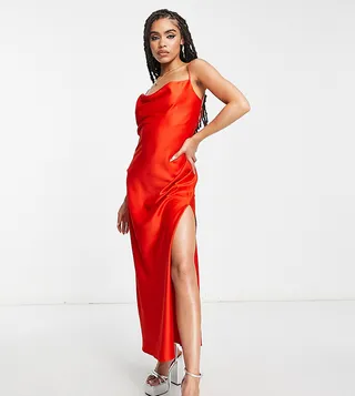 ASYOU cowl neck midi satin slip dress in red