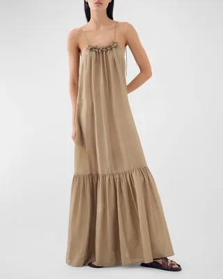 Bowie Tie-Shoulder Frill-Trim Maxi Dress