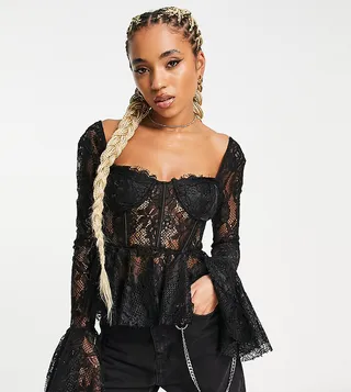 Reclaimed Vintage long sleeve lace corset top in black