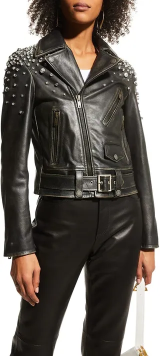 Golden Distressed Leather Jacket with Crystals