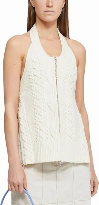 Zip-Front Wool Nylon Cable Halter Top in antique white