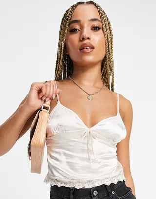 Lost Ink satin lace insert cami top in champagne
