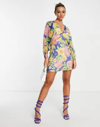 ASOS DESIGN batwing sleeve large floral print mini dress in blue