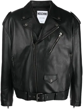 Notched-Lapels Zip-Pockets Leather Jacket