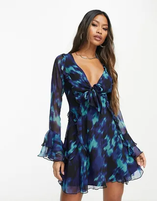 ASOS DESIGN ruffle tie front plunge mini dress with frill sleeves in black and blue abstract print