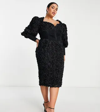 ASOS LUXE Curve 3D floral sweetheart neck corsetted midi dress in black
