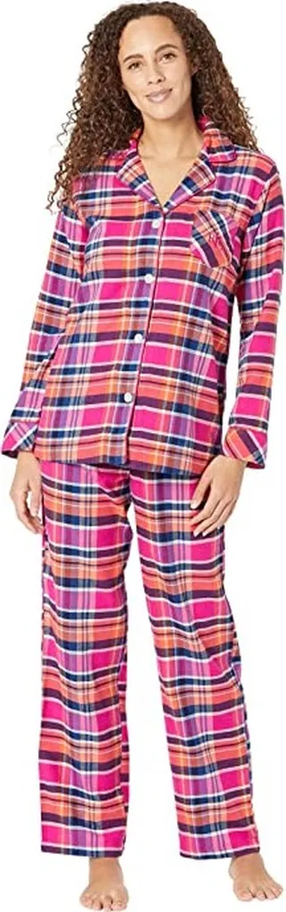 LAUREN Ralph Lauren Long Sleeve Brushed Twill Notch Collar PJ Set (Pink Plaid) Women's Pajama Sets