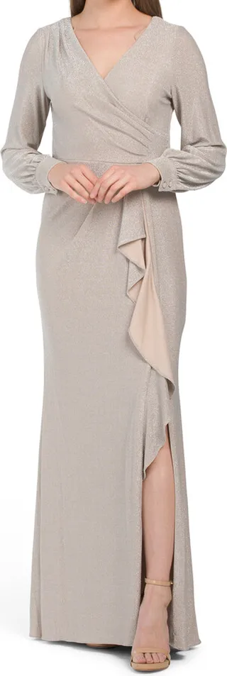 Ruffle Drape Long Sleeve Gown