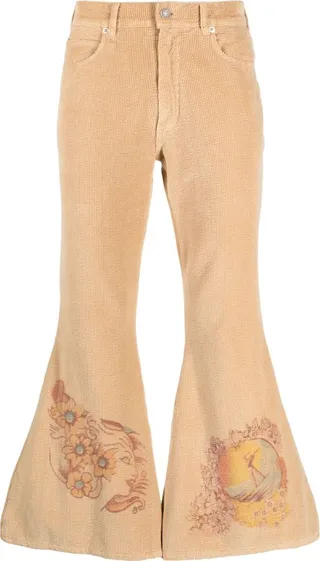 Neutral Graphic Print Corduroy Flared Trousers
