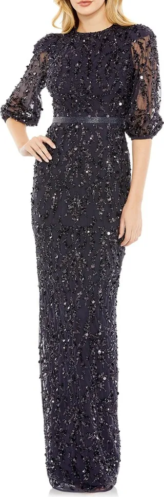 Sequin Sheer Sleeve Sheath Gown