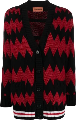 zigzag-pattern V-neck cardigan