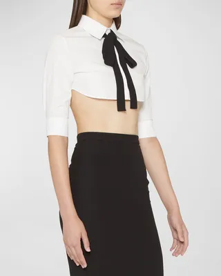 Bow-Neck Collared Popeline Crop Top
