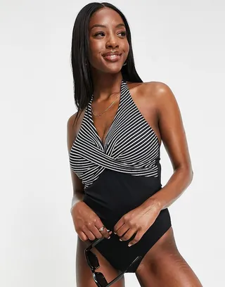 Figleaves Fuller Bust halter swimsuit in black stripe