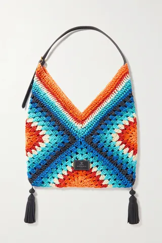 Anya Hindmarch - Tasseled Leather-trimmed Crocheted Raffia Tote - Blue