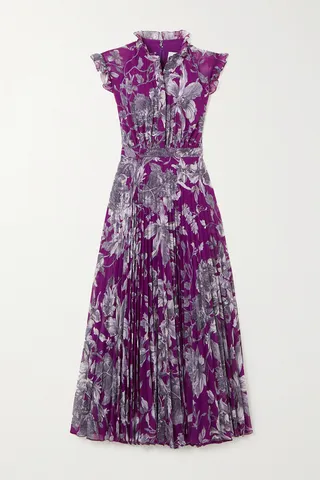 Erdem - Roisin Pleated Floral-print Voile Midi Dress - Purple