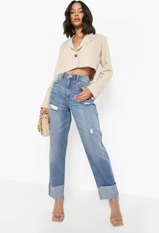 Turn Up Cuff Ripped Mom Jeans