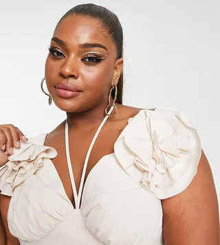 ASOS LUXE Curve halterneck corsage sleeve crop top in beige - part of a set