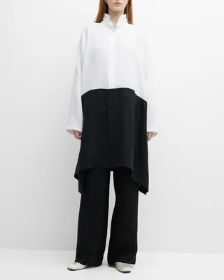 Wide A-Line Shirt with Double Stand-Collar and Side Slits (Very Long Length)