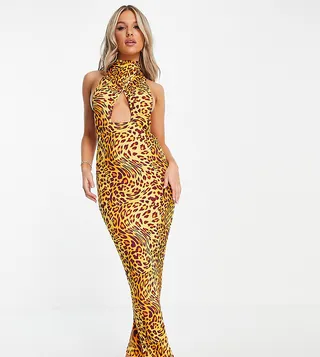 ASYOU cross front halter neck cut-out maxi dress in leopard print