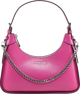Leather shoulder bag with frontal logo