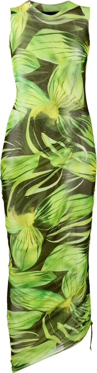 Graphic-Print Ruched Midi Dress