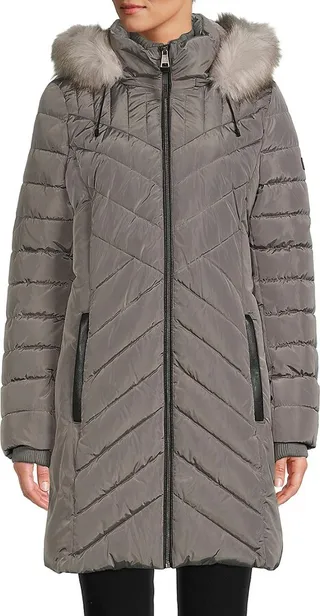 Faux Fur Trim Chevron Quilted Parka