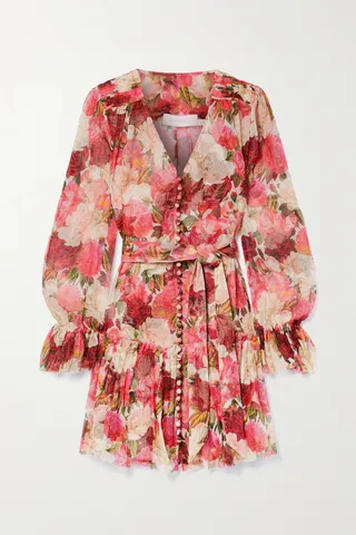 Zimmermann - Wonderland Belted Floral-print Silk-crepon Mini Dress - Pink