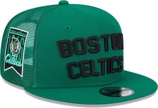 Men's New Era Kelly Green Boston Celtics Stacked Script 9Fifty Trucker Snapback Hat