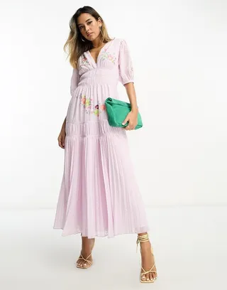 ASOS DESIGN binding detail embroidered textured midi dress with pleated skirt in lilac