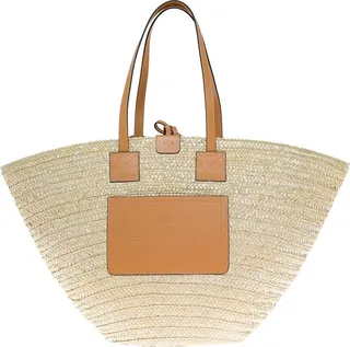 Beige Straw And Leather Shopper Bag With Logo