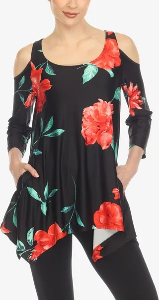 White Mark Women's Floral Printed Cold Shoulder Tunic Top