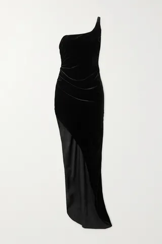 Alessandra Rich - One-shoulder Asymmetric Stretch-velvet Gown - Black