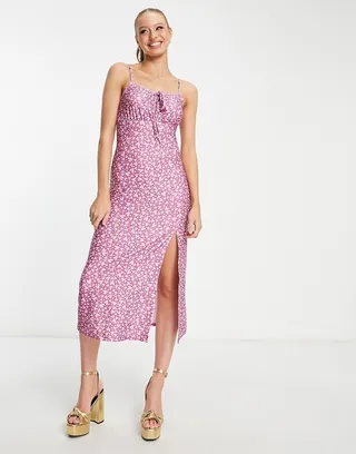 Miss Selfridge gathered bust midi slip dress in purple heart print