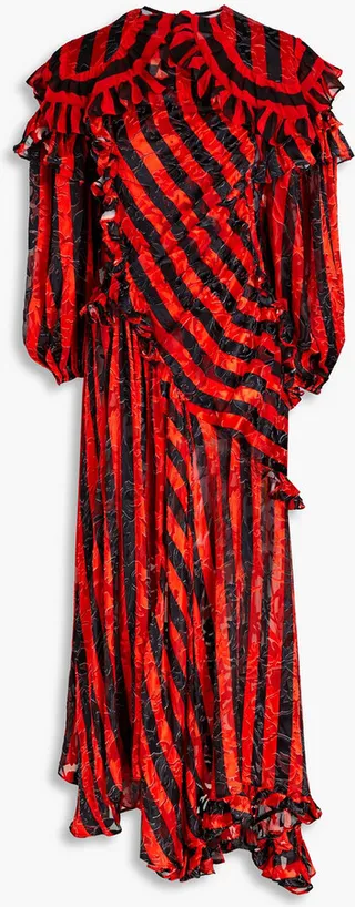 Ruffled striped devoré-chiffon midi dress