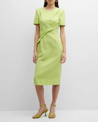 Pleated Draped Short-Sleeve Midi Dress