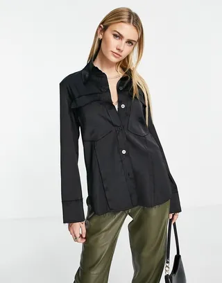 Topshop raw edge satin shirt in black
