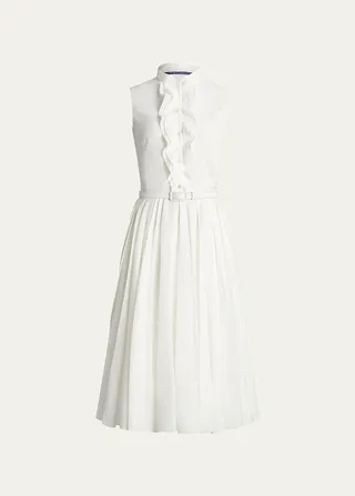 Roald Ruffle-Front Belted Pleated Midi Shirtdress