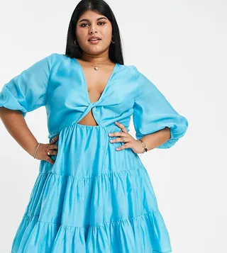 ASOS DESIGN Curve tiered voile mini dress with twist front detail