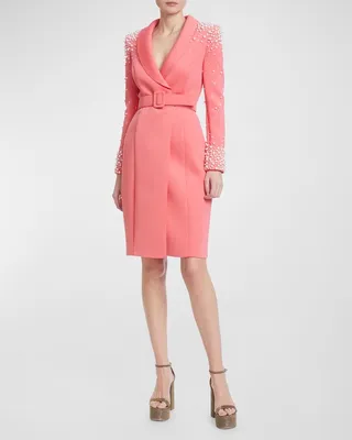Embellished Long-Sleeve Scuba Coat Dress