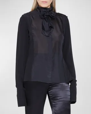 Tie-Neck Cutout Button Down Blouse