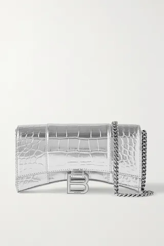 Balenciaga - Hourglass Metallic Croc-effect Leather Shoulder Bag - Silver