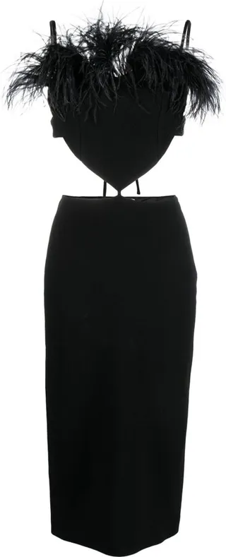 Black Feather Trim Cut-Out Midi Dress